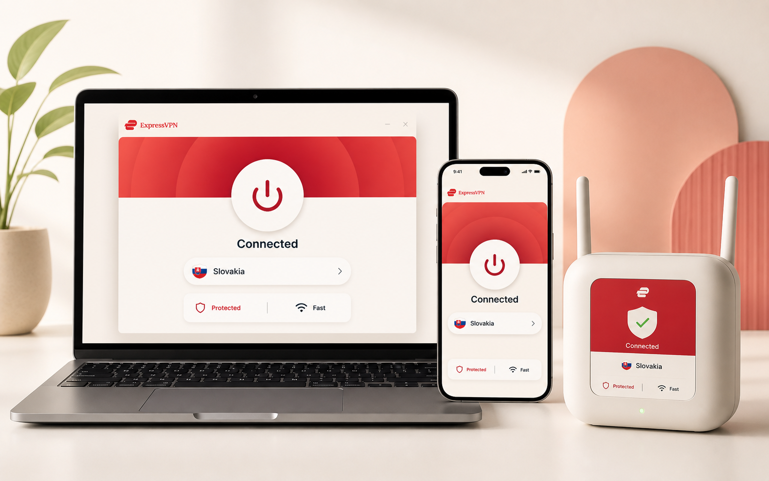 Ilustračný mockup ExpressVPN na notebooku, telefóne a domácom routeri
