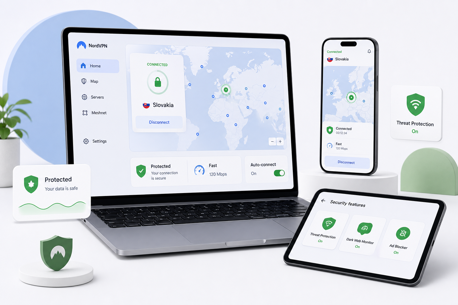 Ilustračný mockup NordVPN aplikácie na notebooku, telefóne a tablete