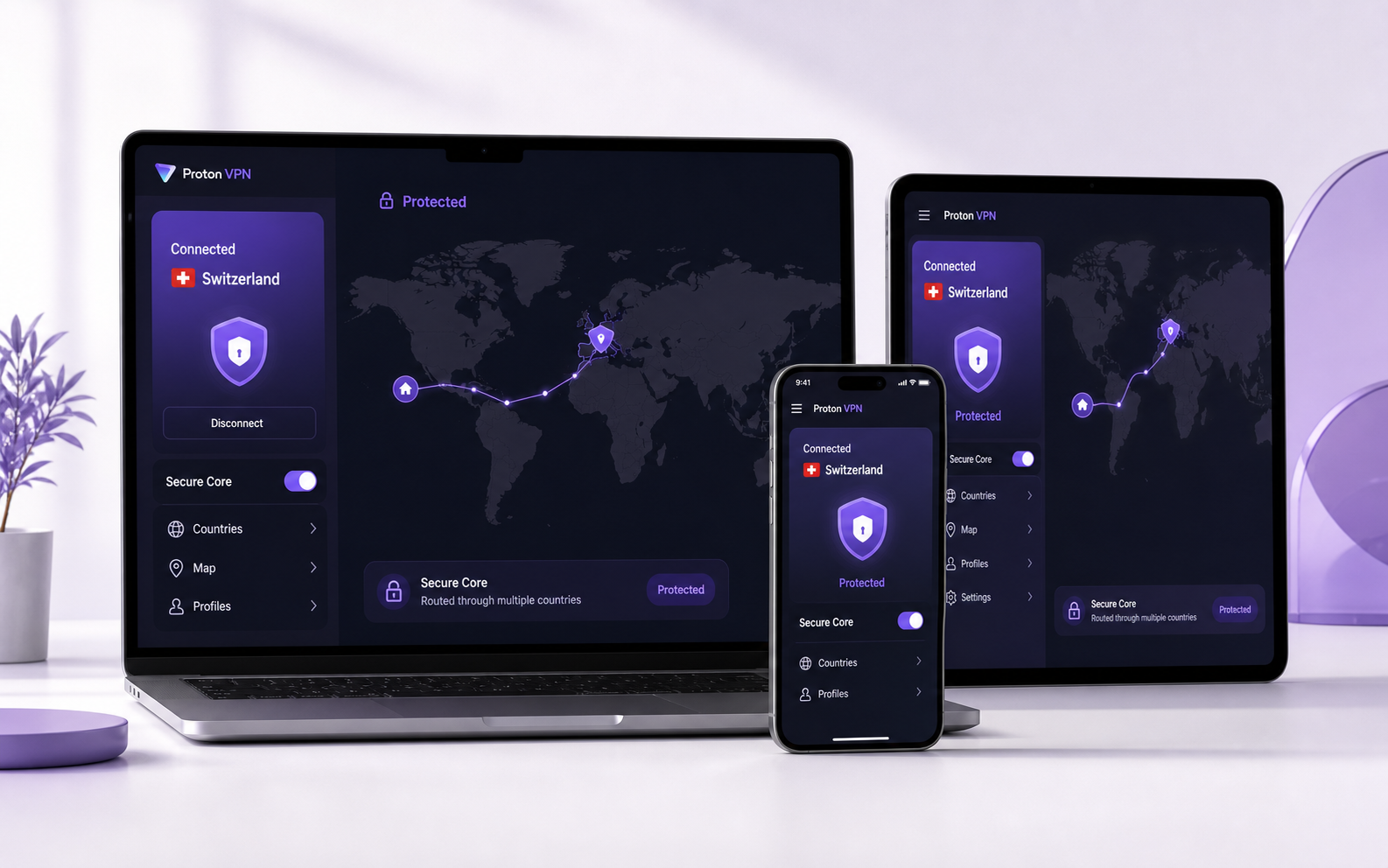 Ilustračný mockup Proton VPN na notebooku, telefóne a tablete