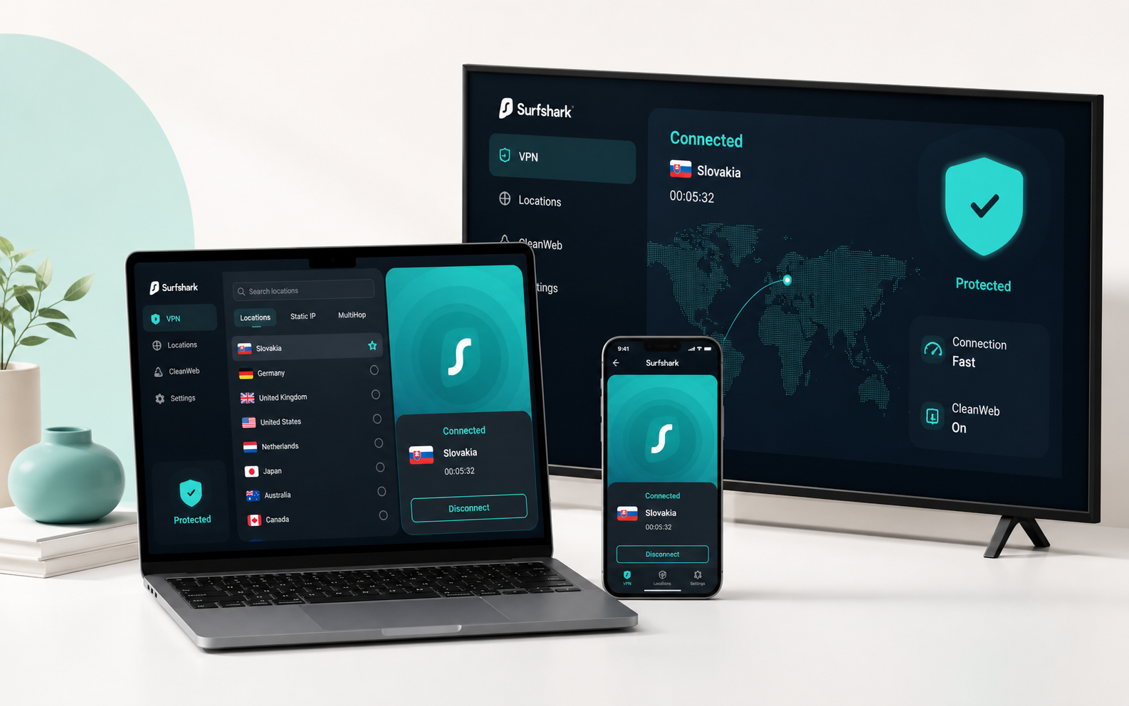 Ilustračný mockup aplikácie Surfshark na notebooku, telefóne a televízore