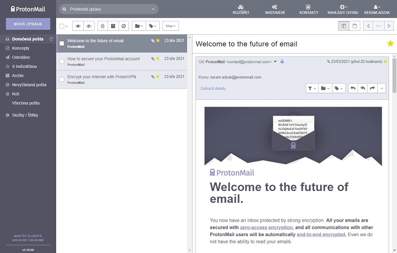 ProtonMail hlavna obrazovka