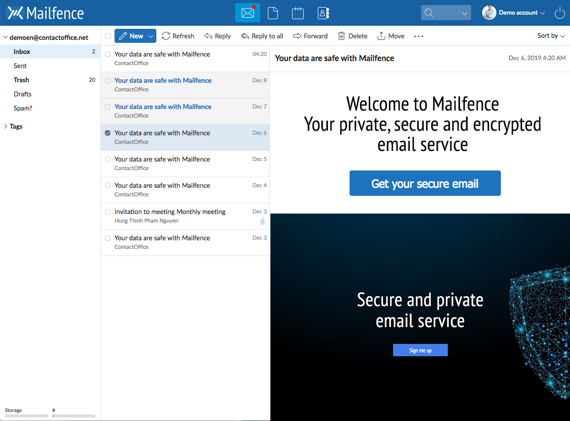 Mailfence Rozhranie